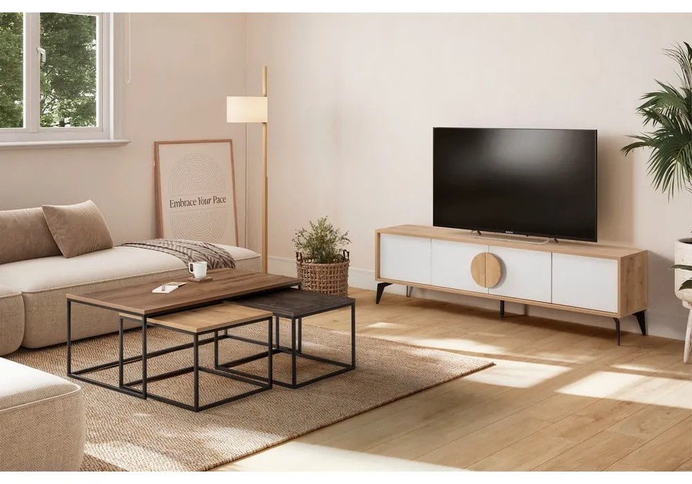 Fehér-natúr színű TV-állvány tölgyfa dekorral 180x51 cm Vae – Marckeric