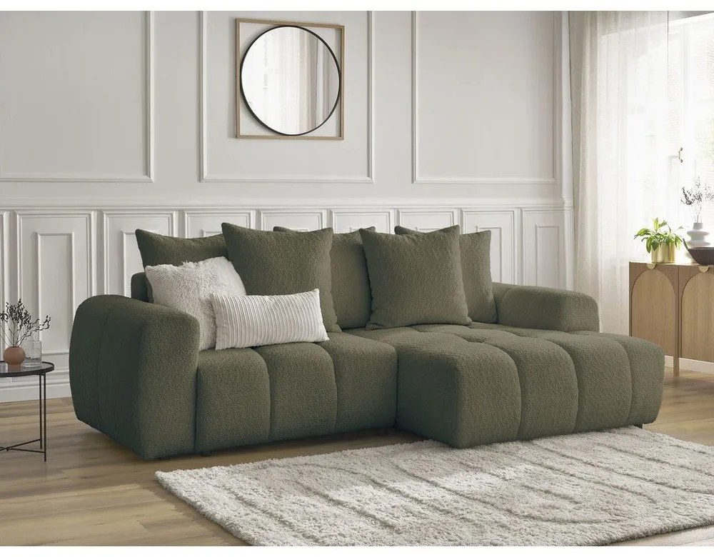 Khaki buklé kinyitható-tárolóhelyes sarokkanapé (jobb oldali-heverő résszel) Roxelane – Bobochic Paris