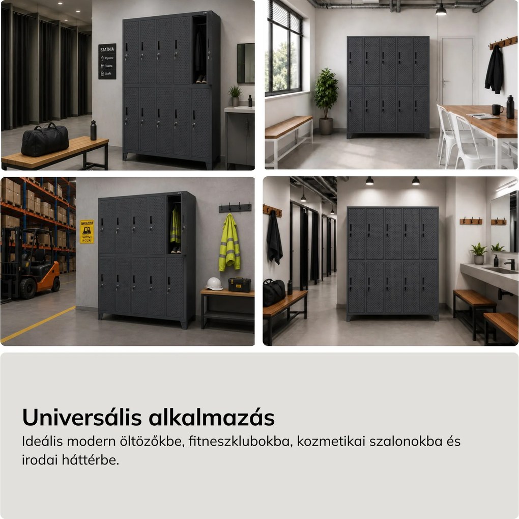 Munkaruhásszekrény, rekeszes, perforált, 10 rekesz, antracit, 1360x1720x450 mm: BARTEK PRO