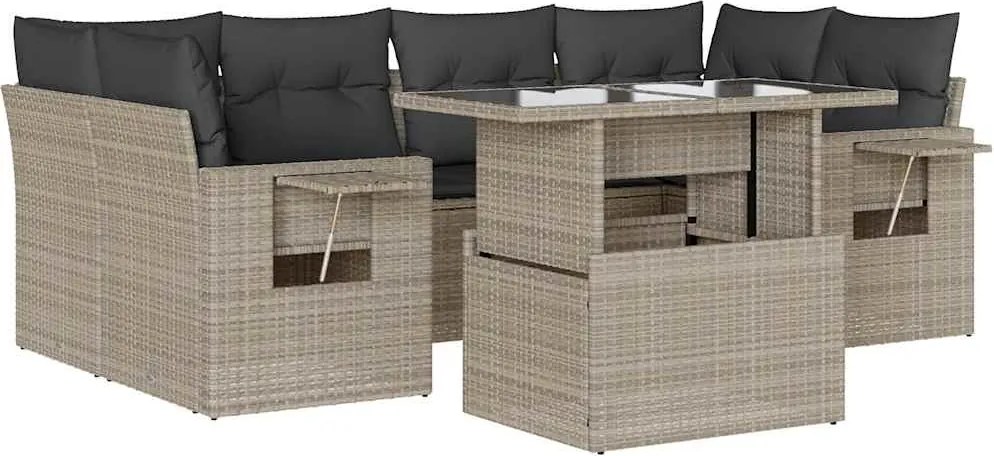 vidaXL 7 részes világosszürke polyrattan kerti ülőgarnitúra párnákkal