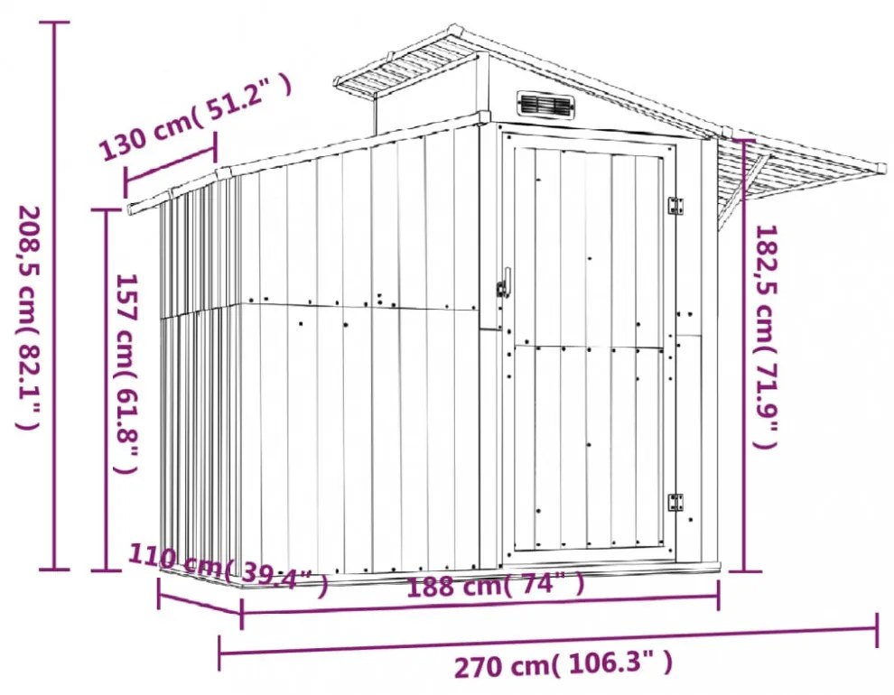 barna horganyzott acél kerti fészer 270 x 130 x 208,5 cm