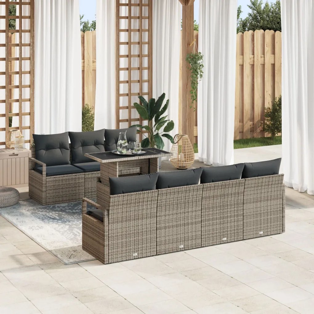 8 darabos kertkanapé szett párnákkal szürke poly rattan, 2 személyes kertkanapé tárolóval és párnákkal szürke poly rattan