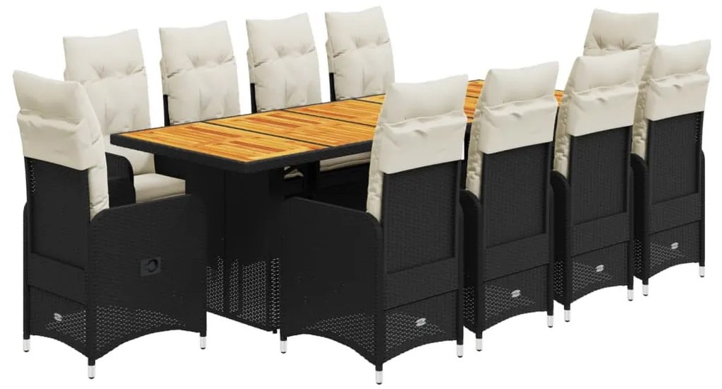 11 részes fekete polyrattan kerti bisztrógarnitúra párnákkal
