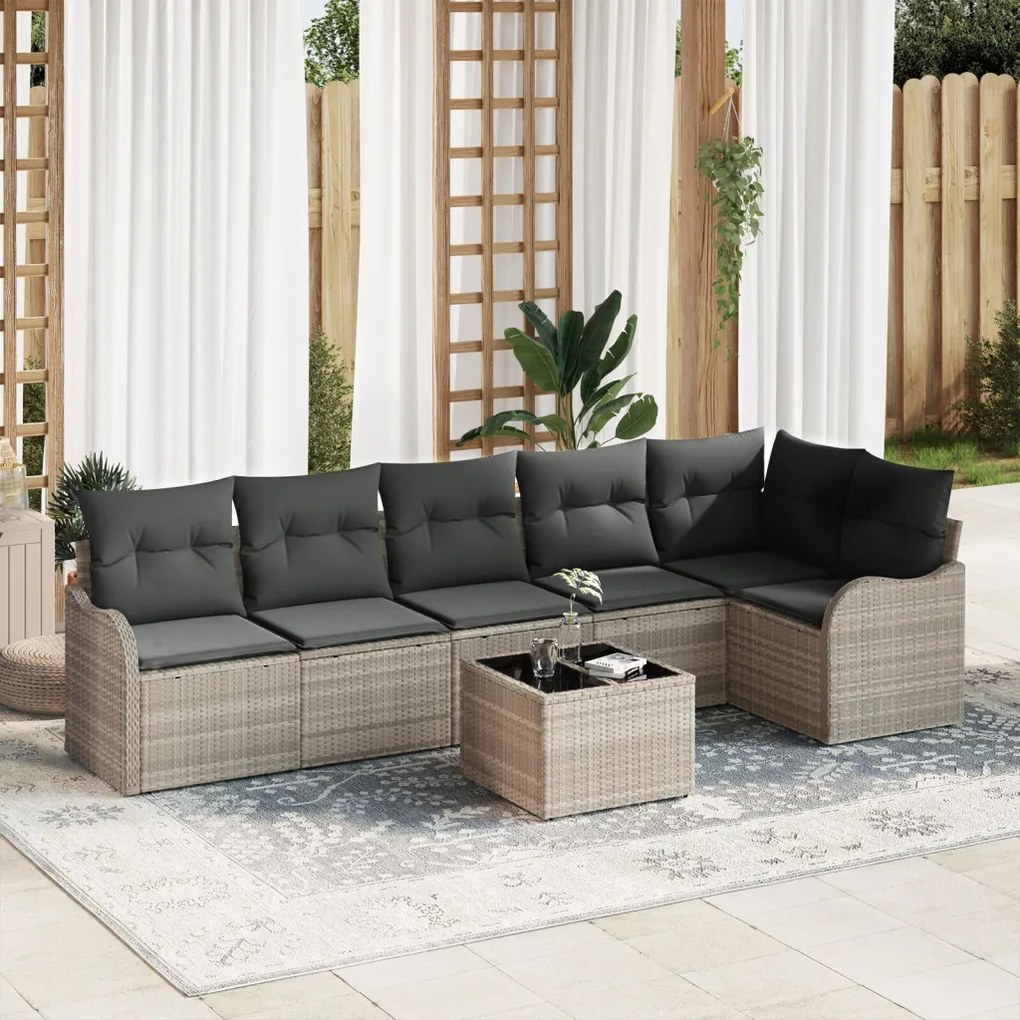 7 részes kerti kanapé szett párnákkal szürke Poly Rattan, 2 fős kerti kanapé tárolóval és párnákkal világosszürke Poly Rattan