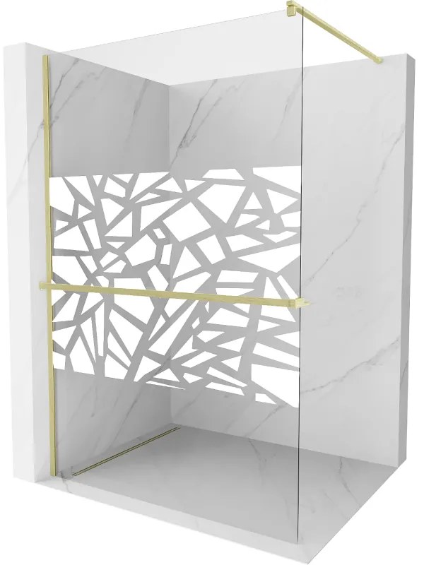 Mexen Kioto+, Walk-In zuhanyparaván polccal és akasztóval 120 x 200 cm, 8 mm átlátszó üveg fehér mintás, arany matt profil, 800-120-121-55-85