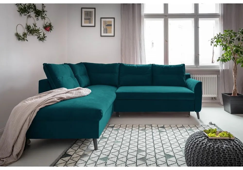 Stylish Stan L türkiz kinyitható bársony sarokkanapé, bal oldali - Miuform