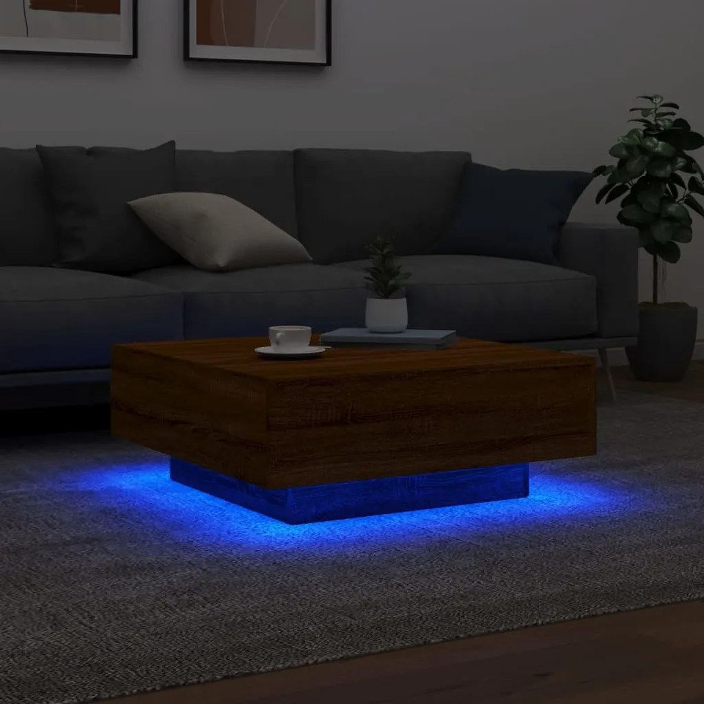 Barna tölgyszínű dohányzóasztal LED-lámpákkal 80 x 8 0x 31 cm
