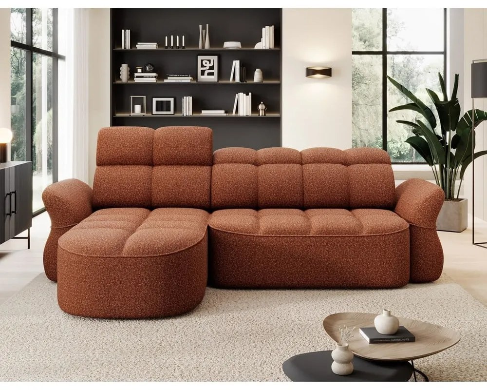 Terrakotta színű bársony kinyitható-tárolóhelyes sarokkanapé (bal oldali-heverő résszel) Beneth – ELTAP