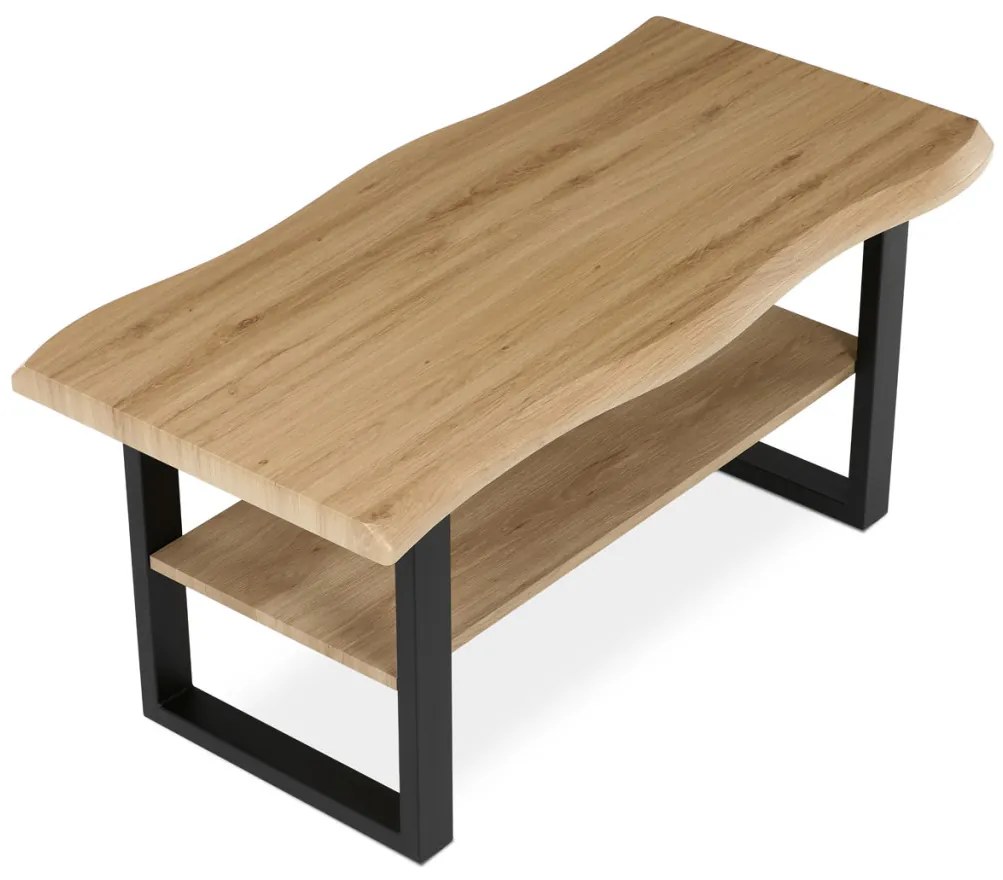 Măsuță de cafea 120x60x55 cm, blat MDF, decor stejar salbatic, metal, raft, picioare negre