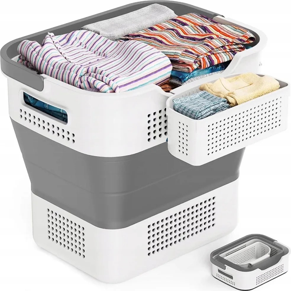 Összecsukható szennyestartó kosár 35 l Szürke-Fehér Hordozható szennyestartó kosár