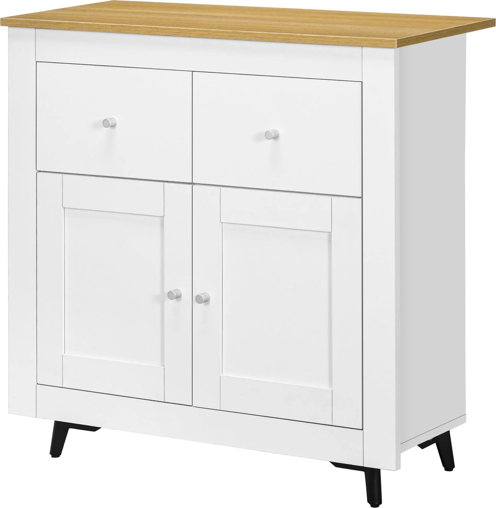 HOMCOM Konyhai Tálalószekrény Dupla Ajtóval és 2 Fiókkal Nappali, Előszoba, Iroda Számára 78x35x80 cm Fehér | Aosom