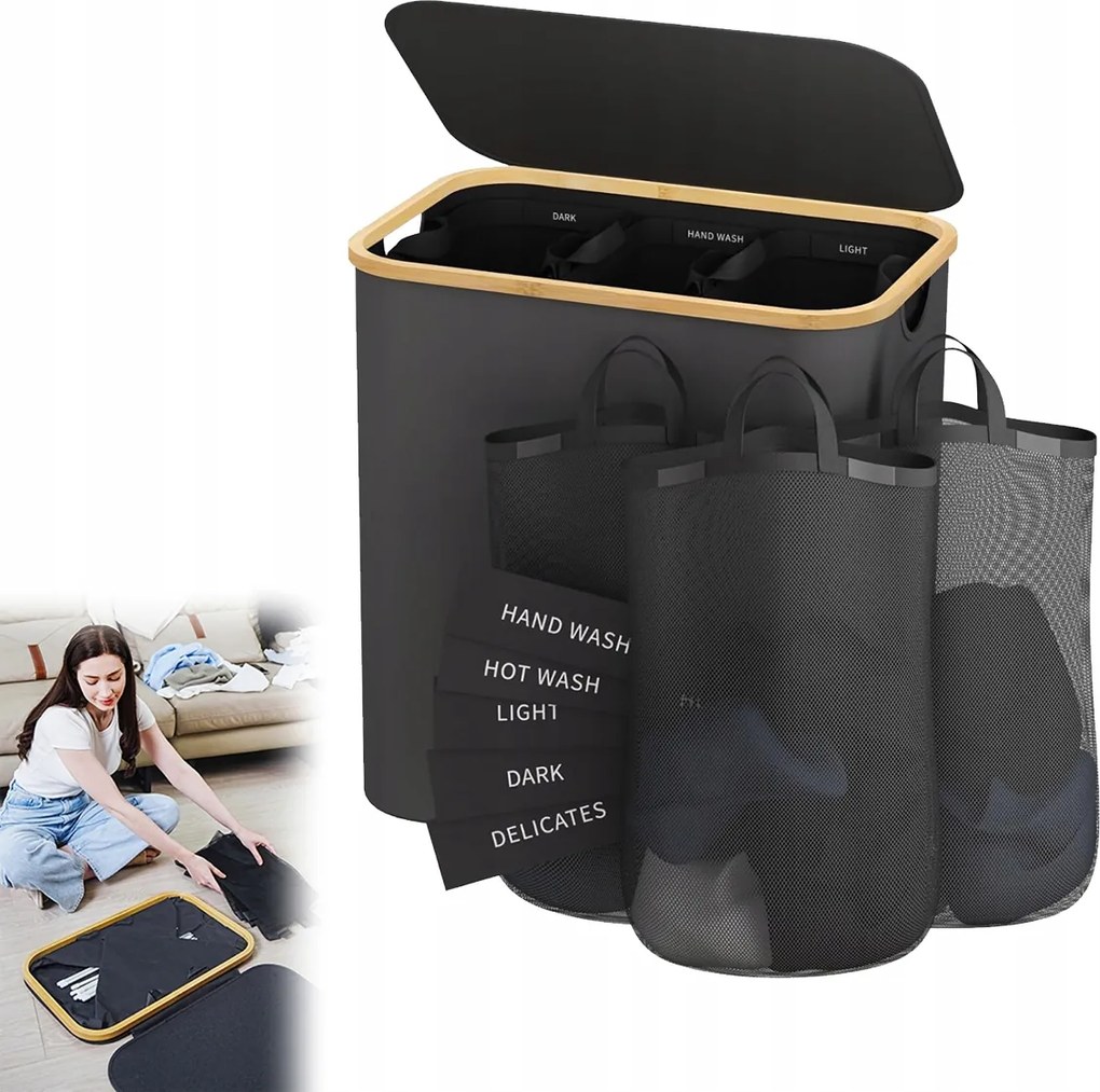 Nagy Szennyestartó Kosár 3 szoba Fedéllel Nagy 156L Szürke