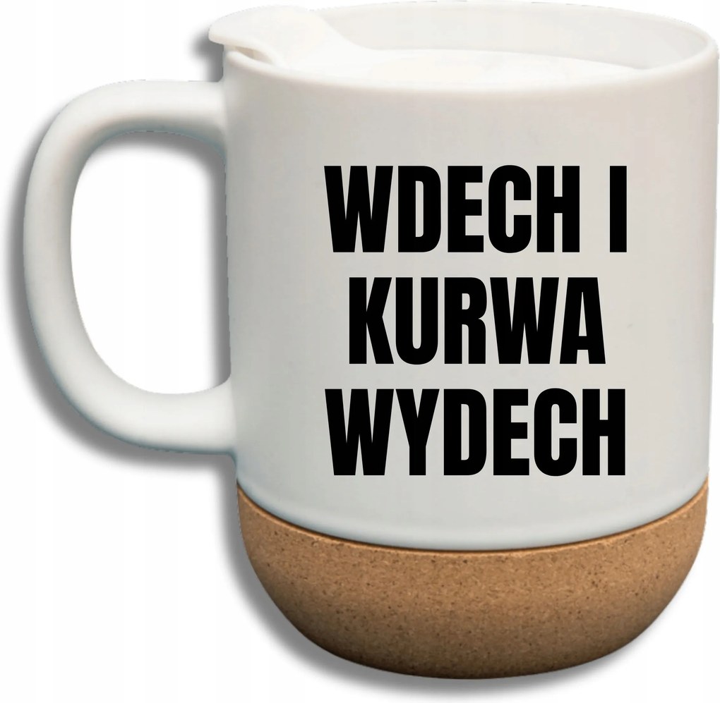 Fehér Bögre Fedéllel És Parafa Aljjal Ajándék Belégzés És Kilégzés