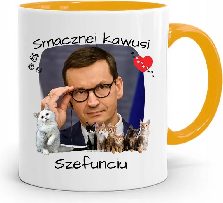Sárga Politikus Bögre Mateusz Morawiecki Miniszterelnök fényképes nyomtatással