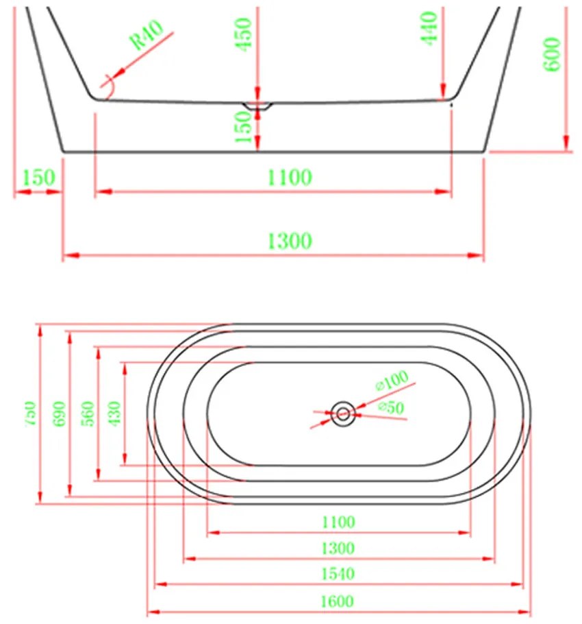 Noa szabadon álló fürdőkád 160x75x56 cm