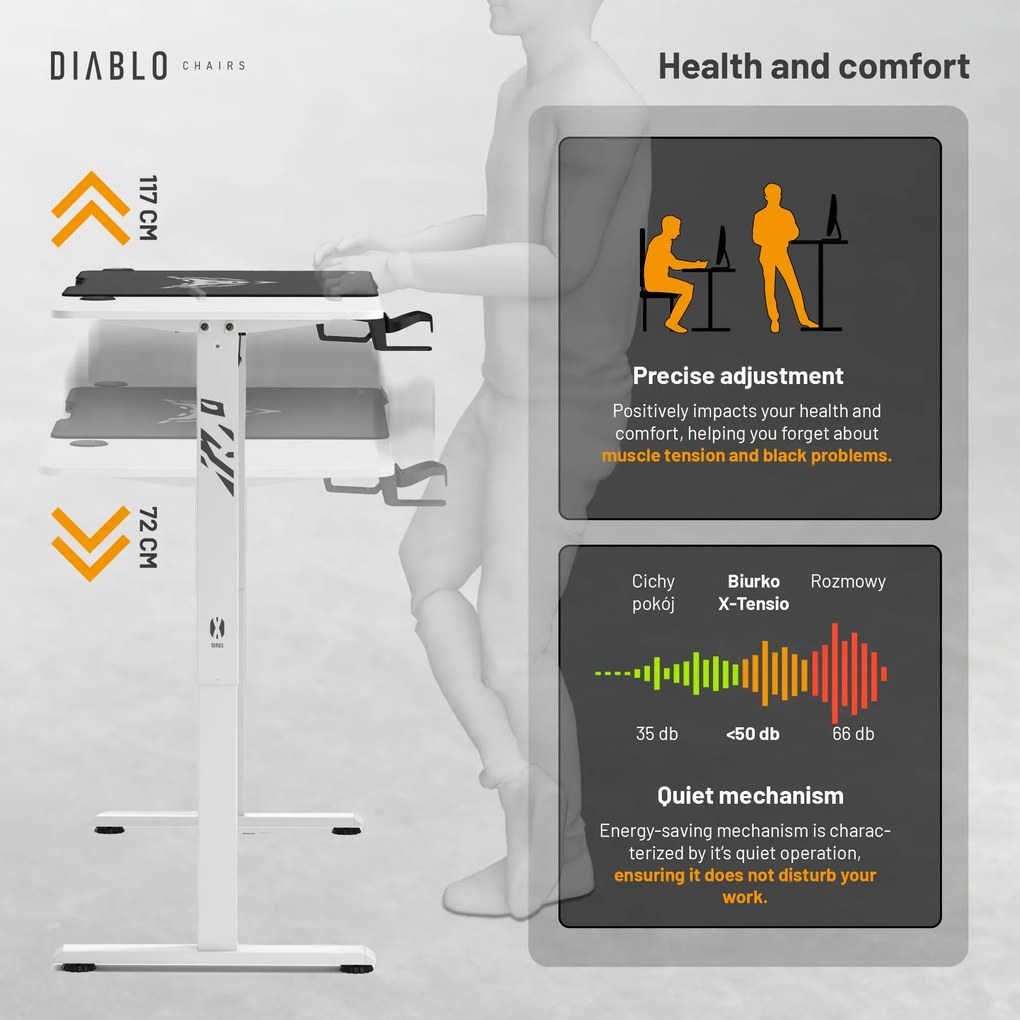 Magasságban állítható íróasztal 160 cm fehér: Diablo X-Tensio 1600