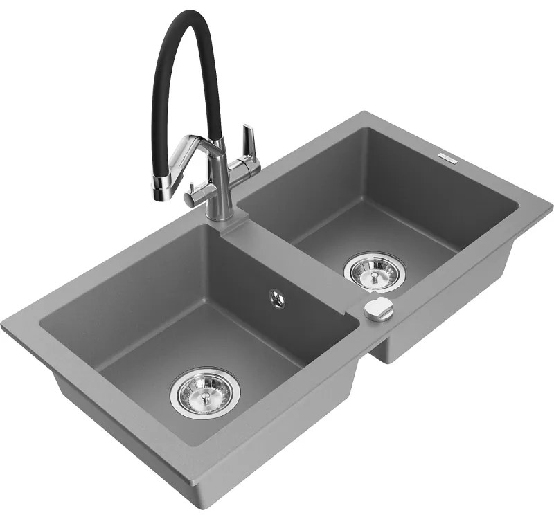 Mexen Mario gránit mosogatótálca két rekesszel és Duo konyhai csapteleppel, szürke - 6504-71-671701-07