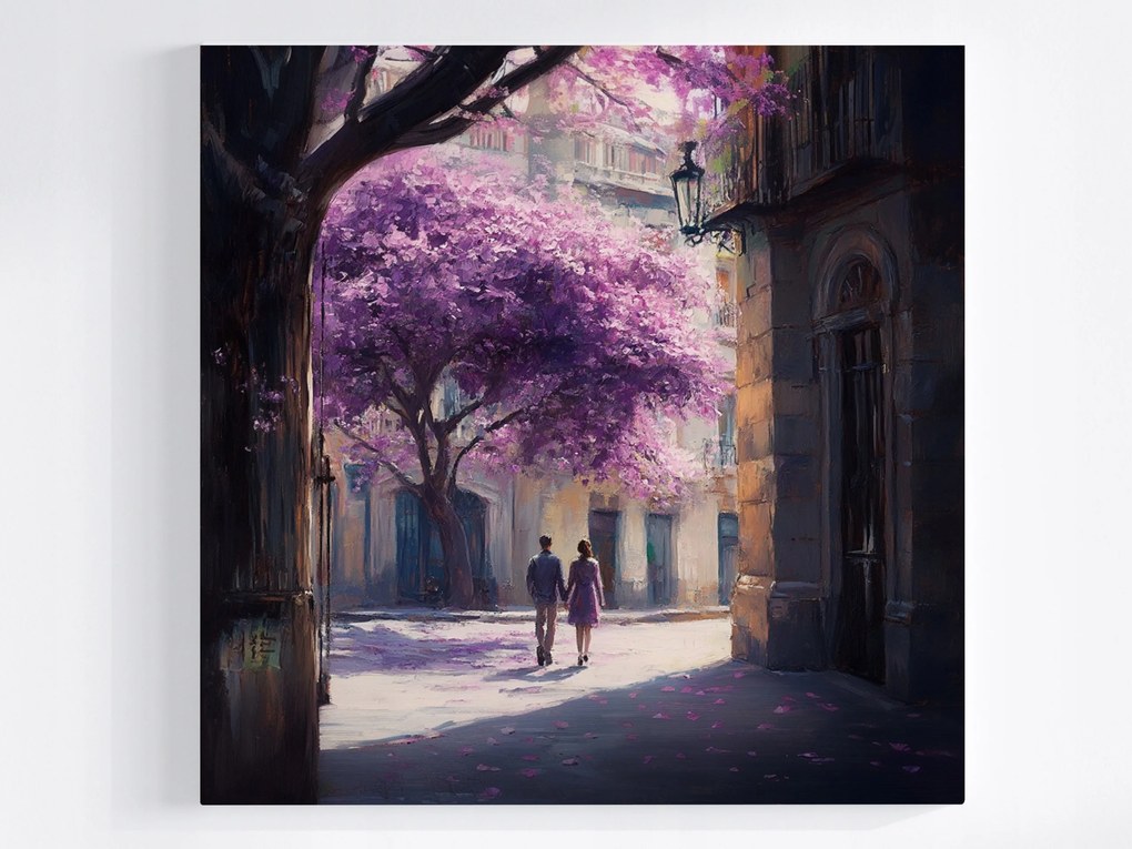 Poszter Akvarell Város Lila Fa Pár Séta 80x80