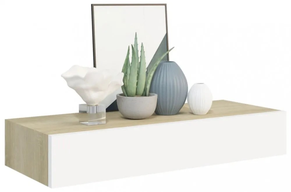 tölgyszínű és fehér MDF fiókos fali polc 60 x 23,5 x 10 cm