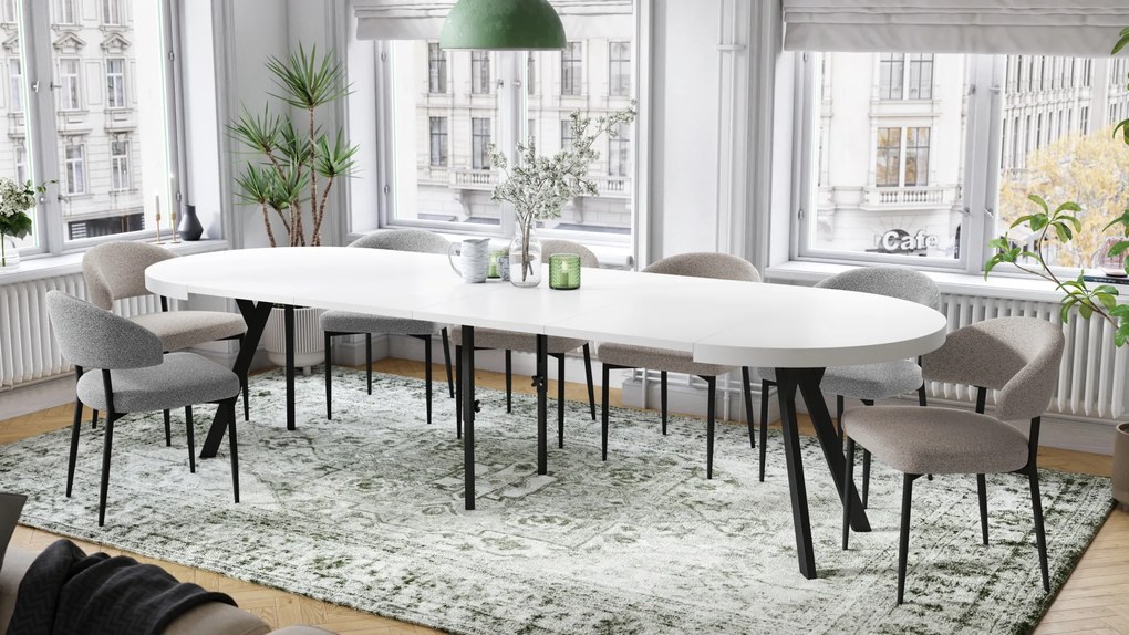 Mazzoni EXPANSO Fehér Matt/fekete lábak - LOFT/IPARI STÍLUSÚ 310 cm-re BŐVÍTHETŐ NAGY KEREK ASZTAL Ø110 Y LÁBAKKAL