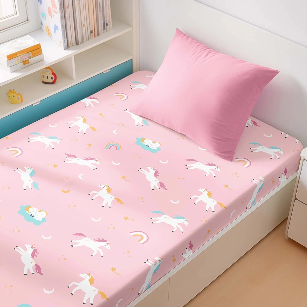 Goldea gyermek pamut körgumis lepedő - vidám egyszarvúak 80 x 160 cm