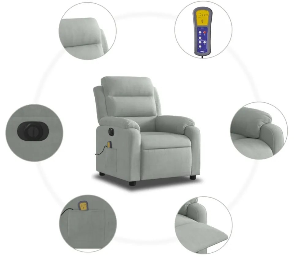 világosszürke bársony elektromos dönthető masszázsfotel