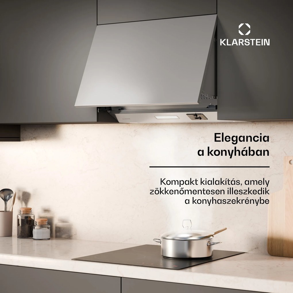 Klarstein Swift Square páraelszívó, beépített páraelszívó, 402 m³/h, EEK C, Elszívás/Recirkuláció, LED