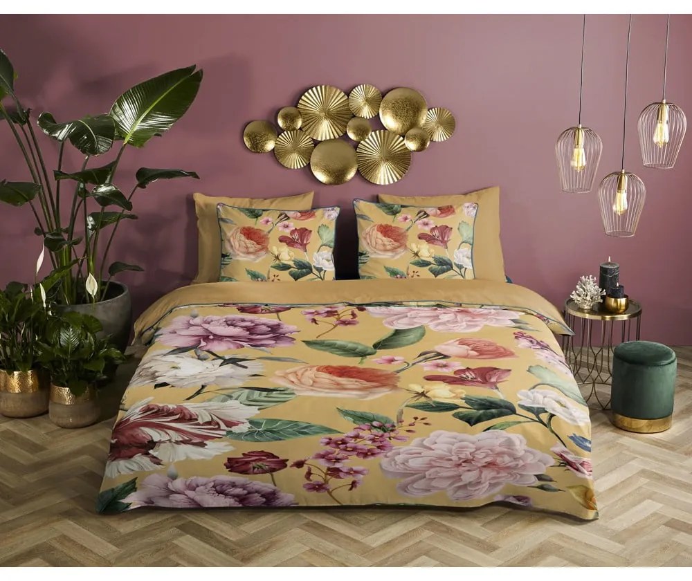 Okkersárga kétszemélyes-hosszabbított pamut-szatén ágyneműhuzat 240x220 cm Fiori – Descanso