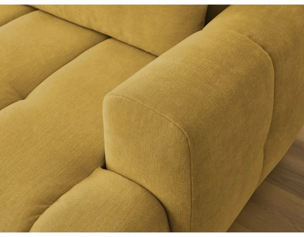 Mustársárga kinyitható-tárolóhelyes sarokkanapé (bal oldali-heverő résszel) Fuji – Bobochic Paris