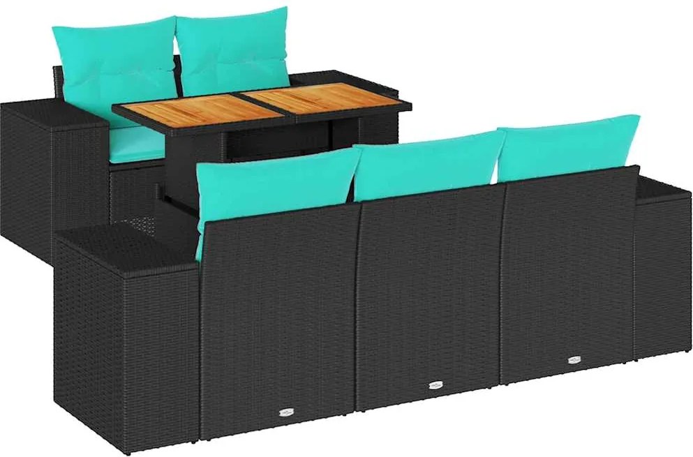 vidaXL 6 részes fekete polyrattan kerti ülőgarnitúra párnákkal