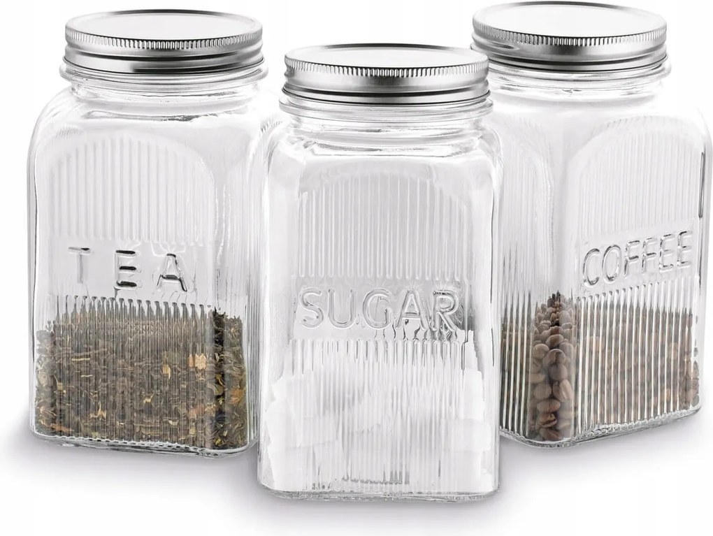 3 darabos üveg konyhai tároló szett kávéhoz, cukorhoz és teához, 1250 ml
