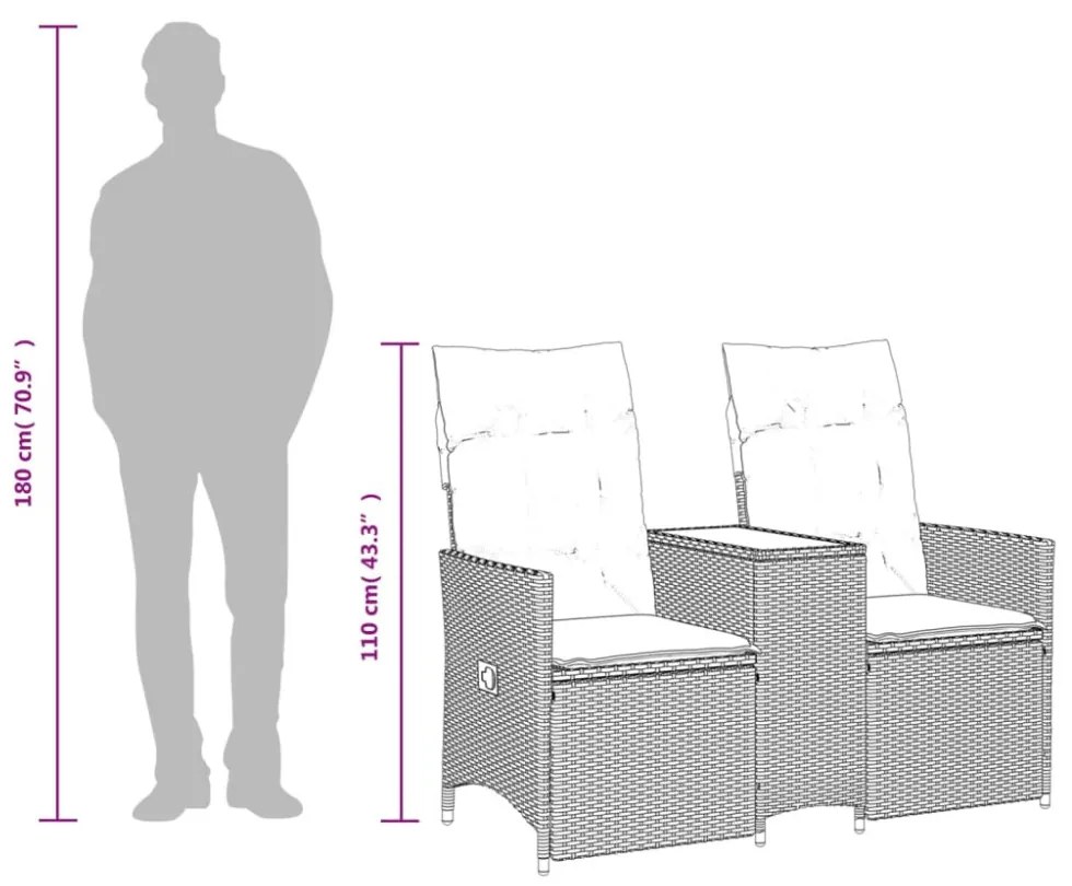 2 személyes bézs polyrattan dönthető kerti kanapé asztallal