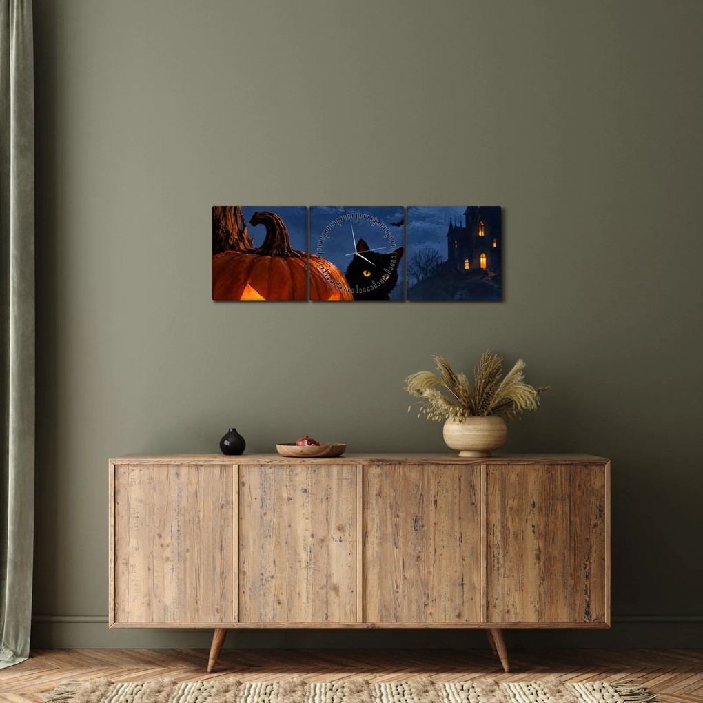 Kép - Fekete macska egy világító halloweeni tök mellett (órával) (90x30 cm)