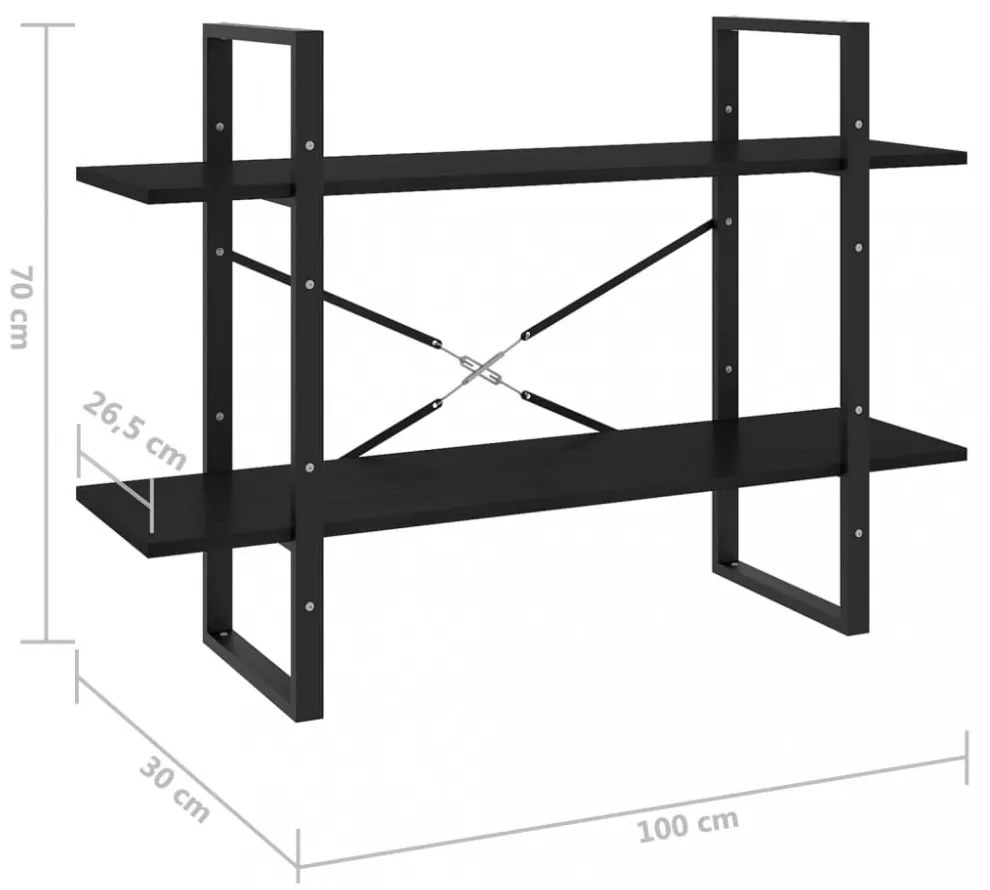 2-szintes fekete tömör fenyőfa könyvszekrény 100 x 30 x 70 cm