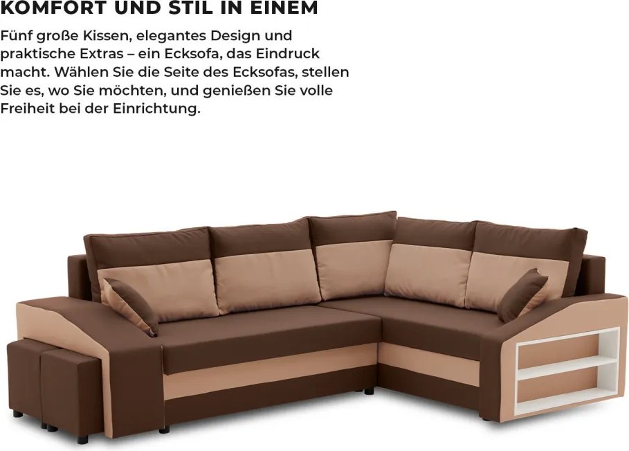 Grande sarokkanapé polcokkal és puffokkal , polc a jobb karfaban puffok a bal karfaban, jobboldali, szövet anyag, bonell töltet, barna
