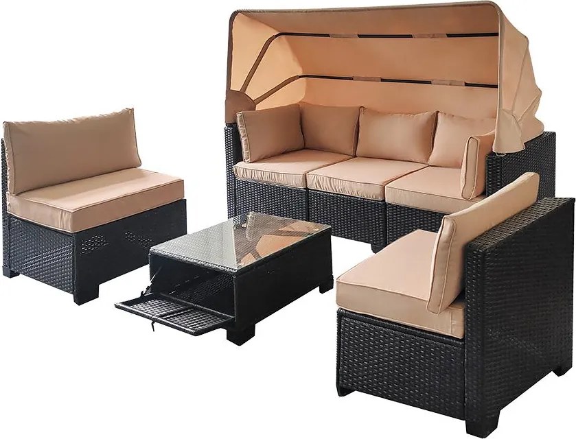 Avenberg GALIA Nagy rattan kerti garnitúra fekete/kék + bézs huzatok