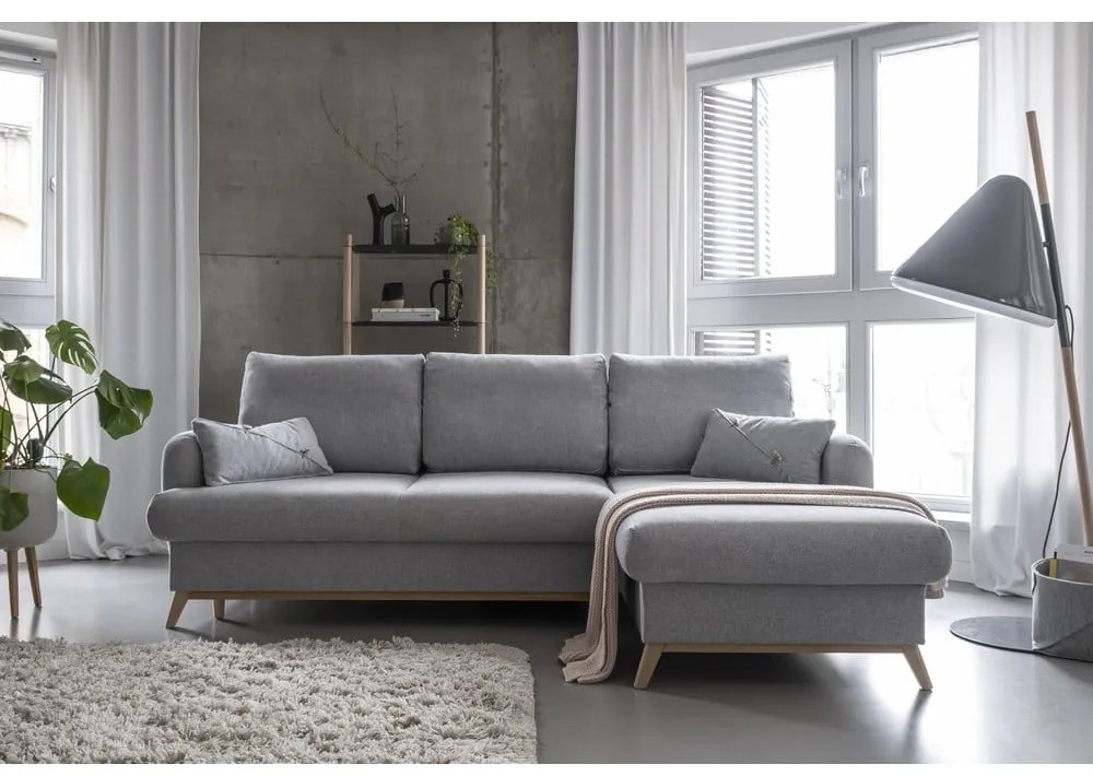 Világosszürke kinyitható-tárolóhelyes sarokkanapé (jobb oldali-heverő résszel) Scandic Lagom – Miuform