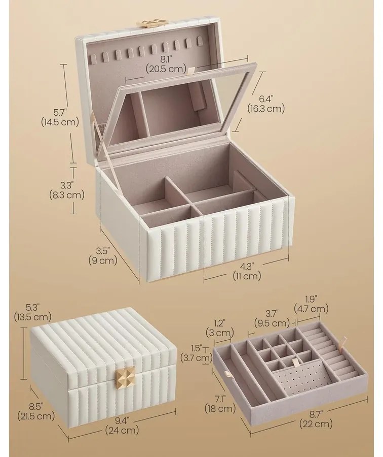 2 szintes ékszerdoboz tükörrel, kivehető tárolóval, felhőfehér