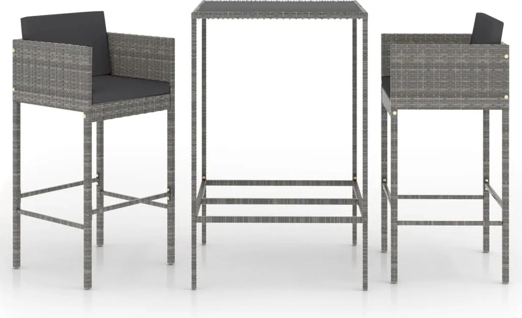 vidaXL 3 részes szürke polyrattan kerti bárszett párnákkal