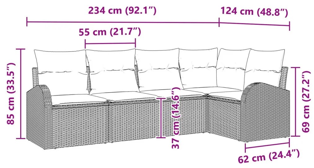 5 Részes Kerti Kanapé Szett Párnákkal Bézs Poly Rattan