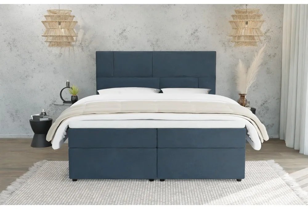 Sötétkék ágyneműtartós boxspring ágy 160x200 cm Lola – Ropez