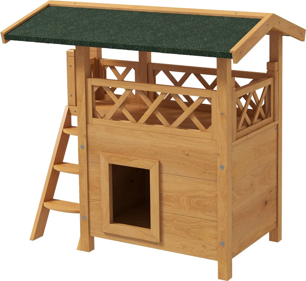 PawHut Macska Ház Aszfalt Tetővel, Két Szintes, Macska Kunyhó Erkélyes, Macska Villa Lépcsőkkel, Tömör Fa, Természetes, 77 x 50 x 73 cm | Aosom