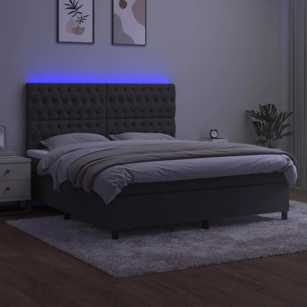 sötétszürke bársony rugós és LED-es ágy matraccal 180x200 cm