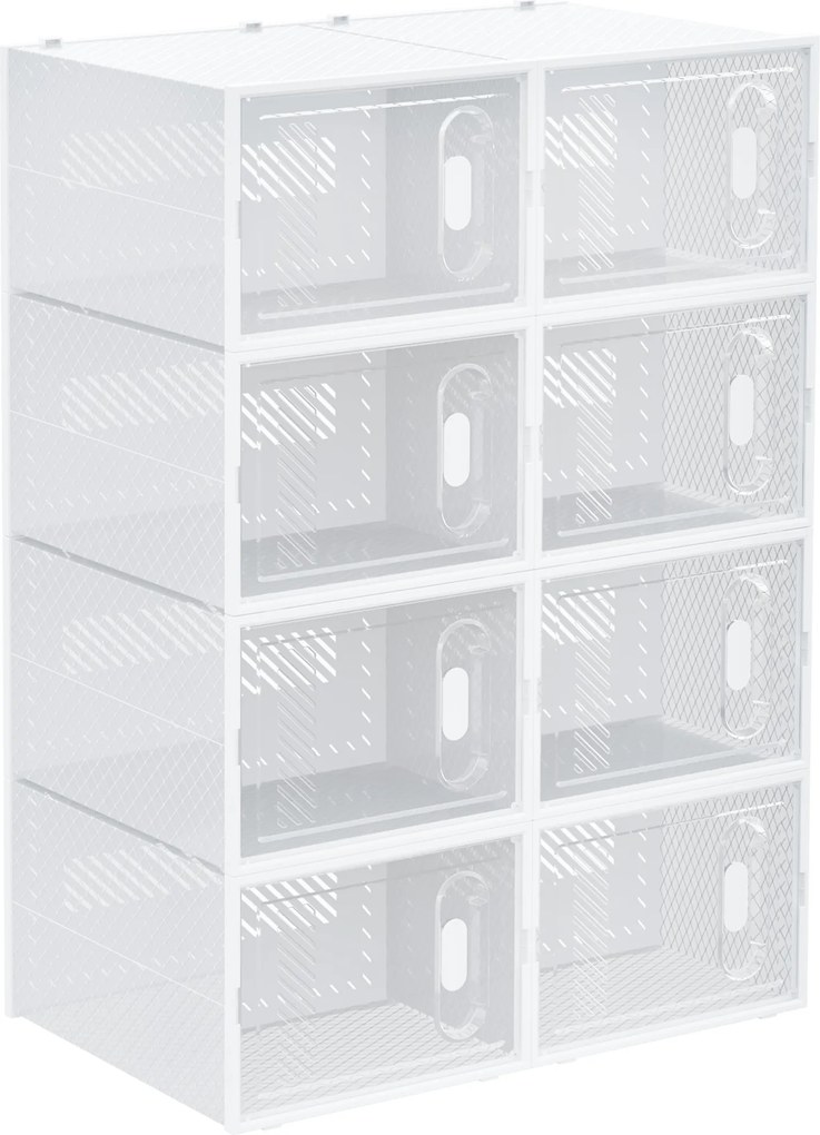 HOMCOM 8 darabos Cipődoboz Készlet, Cipőtartó Mágneses Ajtókkal, Cipődoboz Fedéllel, Műanyag Cipőtároló 45-ös Méretig, Átlátszó+Fehér | Aosom