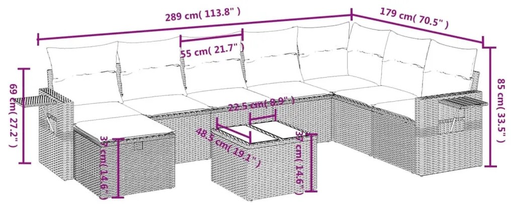 9 részes vegyes bézs polyrattan kerti ülőgarnitúra párnákkal