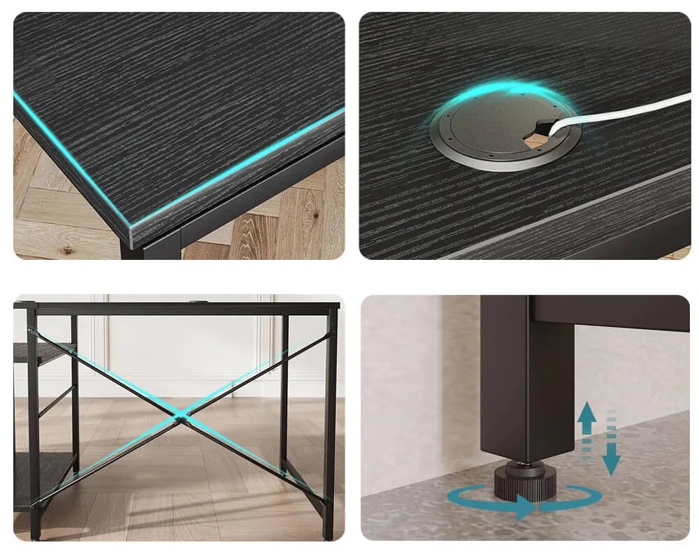 Átalakítható L alakú íróasztal polcokkal, fekete