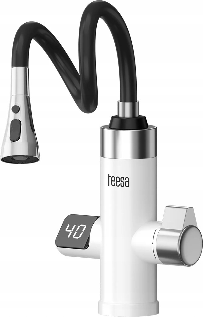 Átfolyós vízmelegítő fehér konyhai csaptelep flexibilis kifolyócsővel