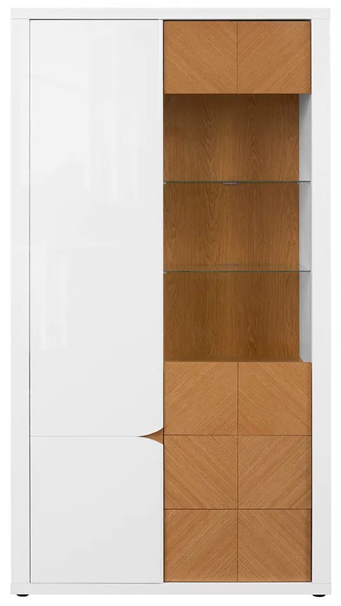 Vitrin Rovika REG1D1W2S (fehér fényes + natúr tölgy) (LED világítással). Akció -18%. 1025976