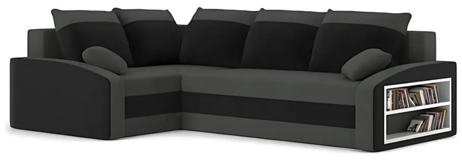 Grande sarokkanapé polcokkal , polc a jobb karfaban, baloldali, szövet anyag, hab töltet, szürke - fekete