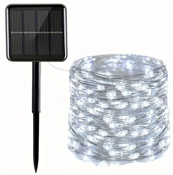 100 micro LED-es napelemes dekor fényfüzér, hideg fehér, 7m